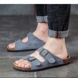 2023 New Summer Men Beach Suede Cork Slipper Couple Shoe Casual Nubuck Leather Women Outdoor Double Buckle Slide Footwear