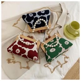 Shoulder Bags Burgundy Green Black Colour Floral Korean Style Women's Bag With Beading Pearl Deco Handbag One Cross-body