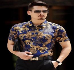 Short Sleeve Silk Shirts Mens Dragon Dress Shirts Men Business Casual Shirt Black And Blue Luxury Slim Fit Velvet Shirt5053913