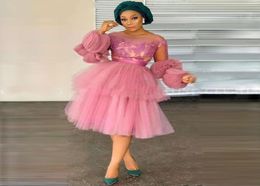 Nigeria Pink Tulle Ball Gown Short Prom Dresses Long Sleeves Knee Length African Formal Evening Gowns Women Plus Size Aso Ebi1988592