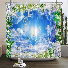 Shower Curtains Blue Sky And White Clouds Curtain 3D Spring Flower Scenery Printed Waterproof Fabric Bathroom Home Decor
