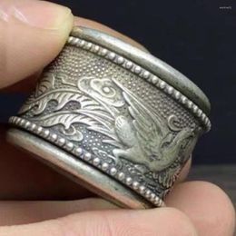 Decorative Figurines Old Chinese Tibet Silver Handcarved Dragon Phoenix Turn Ring Guangxu Mark