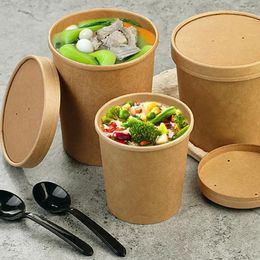 Take Out Containers Food 10pcs Takeaway Lids Ice High Round Dessert Salad Bowl Quality Paper Packaging 500ml Disposable Kraft Cream With