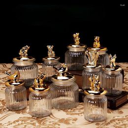 Storage Bottles Modern Transparent Glass Sealed Jar With Lid Golden Animal Decoration Candy Bottle Tea Box Kitchen Utensils