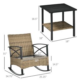 3 Piece Rocking Wicker Bistro Set, Outdoor Patio Furniture Set with two Porch Rocker Chairs, Cushions, Two-Tier Coffee Table