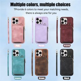 Lanyard Leather Holder Phone Case for iPhone 15 14 13 12 11 Pro XR XS Max SE 2022 8 7 6 6S Plus Wrist Rope Zip Wallet Card Cover