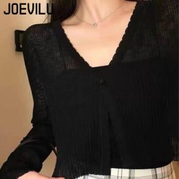 JOEVILU Thin Sunscreen Shirt Women's Summer Outerwear Crop Tops Hollow Out White Long-sleeved Cardigan Elegant Casual Shawl Coat