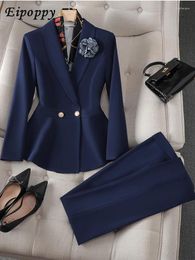 Women's Two Piece Pants Blue White Elegant Ladies Pant Suit Women Slim Ruffle Jacket Blazer And Trouser Female Work Wear Formal 2 Set For