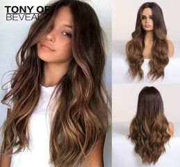 HairSynthetic Black Long Water Wavy Synthetic Ombre Brown Middle Part Natural Hair For Women Cosplay Heat Resistant Fiber2890372