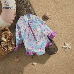 EWODOS Toddler Baby Girls Casual Summer Rash Guard Swimsuit Long Sleeve Leopard Print Zip Up Bathing Suit Beachwear Swimwear