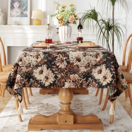 French Rural Tassels Tablecloth,Flower Oil Painting Pattern Rectangle Dust-proof Cover For Tea Table Wedding Dining Room Decor