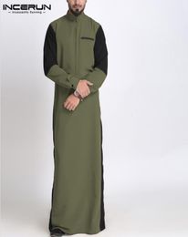 INCERUN Muslim Men Kaftan Islamic Robes Long Sleeve Stand Collar Patchwork Vintage Casual Jubba Thobe Arabic Clothing S5XL3610826