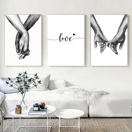 Black White Style Sweet Love Wall Art Canvas Poster Minimalist Hand In Hand Print Painting Picture For Living Room Bedroom Decor