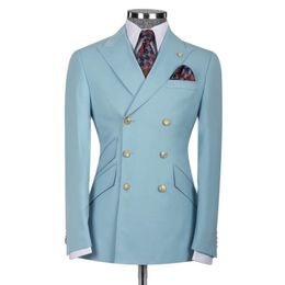 Sky Blue Classic 6 Buttons Men Suits Slim Fit 2 Piece Jacket Pants/Double Breasted Wedding Groom Best Man Tailor-Made Clothes