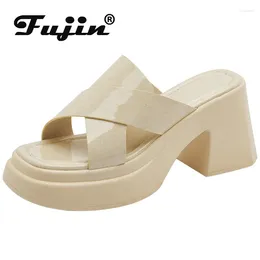 Slippers Fujin 6cm PU Synthetic Patent Summer Women Mujer Comfy Chunky Heels Fashon Peep Toe Sandals Ladies Slipper Platform Wedge Shoes