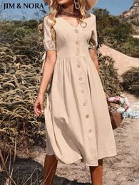 JIM NORA Womens V Neck Button Down Casual Midi Dress Aline Short Sleeve Solid Summer Dresses Fashion Sundress 240411