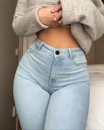 Women's Jeans American Vintage Blue Distressed High Waist Close-fitting Pants 90s Clothes Fashion Flare