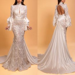 Mermaid Wedding Fashion Dresses For Women Hollow Long Sleeves Bridal Gown Sequins Lace Sweep Train Dress Custom Made Vestidos De Novia