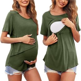 Maternity Breastfeeding Blouse Womens Solid Colour Short Sleeve Nursing Tops Pregnancy Crew Neck Asymmetrical T Shirt Pullover
