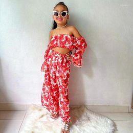 Clothing Sets Summer Girls Strapless Long Sleeve Floral Print Crop Tops Loose Wide-Leg Pants Children's Casual