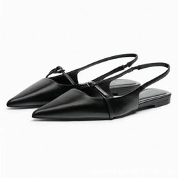 Slingback Flat Bottom Women Sandals Summer Black Leather Pointed Woman Ballet Shoes Fashion Low-heel Woman Shoes 240402