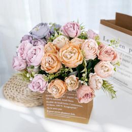 Decorative Flowers Artificial 30cm Silk Rose Bouquet Hydrangea Peony Vintage Bride Holding Fake Plants Home Wedding Decoration Accessories