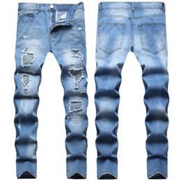 Men's Jeans Hip Hop Style Multiple Ripped Patch Valley Bone Light Blue Paint Splash Small Straight Leg
