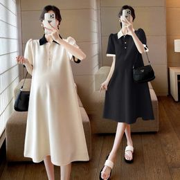 Autumn Korean Fashion Maternity Long Dress Elegant Ruffle O Neck A Line Clothes for Pregnant Women Pregnancy Clothing 240326