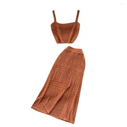 Work Dresses Summer Women Elegant Hollow Out Knitted Skirt Suits Sexy Strap Crop Top And High Waist Split Hem Long Two Piece Set