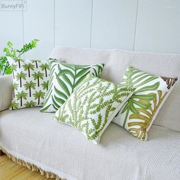 Pillow Green Leaves Cover Embroidered Cotton 45x45cm Home Decoration Case Sunflower Living Room Bedroom Sofa Couch