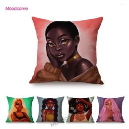 Pillow Pink Fashion African Black Girl Colourful Hair Stylish Funky Cartoon Sofa Throw Case Cotton Linen Decorative Cover