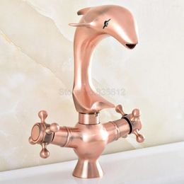 Bathroom Sink Faucets Antique Red Copper Swivel Spout Dual Cross Handles Dolphin Style Kitchen Faucet Mixer Tap Tsf851