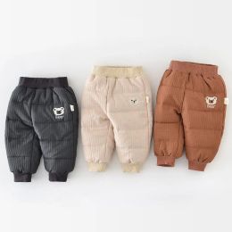 Trousers 2023 Winter New Baby Warm Trousers Infant Boys Cotton Padded Pants Girls Bear Embroidery Thick Harem Pants Kids Casual Clothes