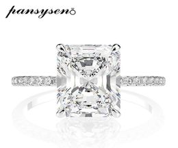 PANSYSEN Real 925 Sterling Silver Emerald Cut Created Moissanite Diamond Wedding Rings for Women Luxury Proposal Engagement Ring C4170686