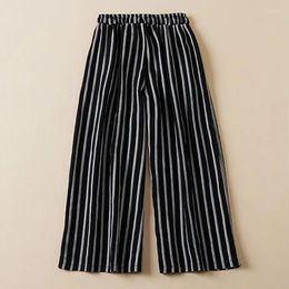 Women's Pants Cotton And Linen Striped Casual Female Spring Summer Fashion Elegant Drawstring High Waist Straight Suit LJ190