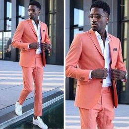 Men's Suits Coral Groom Wedding Tuxedos Men Groomsmen Notached Lapel Slim Fit Two Button Party Dinner Business Blazer(Jacket Pants)