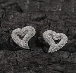 1 Pair Hip Hop Claw Set CZ Stone Bling Ice Out 3 Layers Heart Stud Earrings for Men Women Unisex Lovers Rapper Jewelry7253001