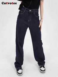 Women's Jeans Cotvotee Dark Blue High Waisted For Women 2024 Vintage Street Chic Washed Straight Y2k Denim Pants Full Length