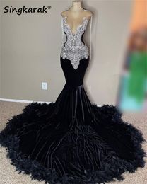 Sexy Glitter Black Mermaid Prom Dresses 2024 Luxury Sheer Neck Crystal Rhinestones Feathers Party Gowns Evening Gown Robe De Bal
