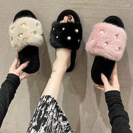 Slippers Fluffy Home Winter Casual Perle Designer Shoes Women 2024 Indoor Platform Plush Slides Girls Fashion Elegant Large Size