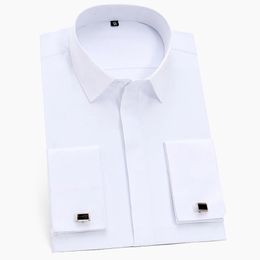 Mens Classic Hidden Buttons French Cuffs Solid Dress Shirt Formal Business Standard-fit Long Sleeve Shirts Cufflink Included 240407