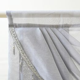 Light Grey Beaded Wavy Valance Curtain Simple Rod Pocket Top Linen Tulle Waterfall Curtain for Living Room Bay Window Drapes