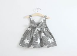 Retail Summer New Girl Dress Star Moon Sun Cloud Print Black White Stripe Backless Beach Dress Children Clothing 27Y 30654376184