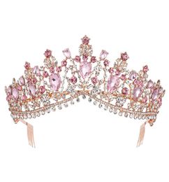 Baroque Rose Gold Pink Crystal Bridal Tiara Crown With Comb Pageant Prom Rhinestone Veil Tiara Headband Wedding Hair Accessories Y7268342