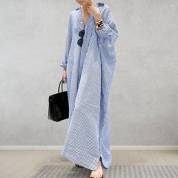 Casual Dresses Loose Fit Dress Lapel Button Striped Print Maxi For Women Long Sleeve Shirt Style With Split Hem