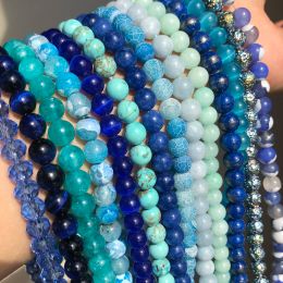 Real Natural Blue Stone Beads Turquoises Agates Amazonite Jades Tiger Eye Round Beads for DIY Couple's Bracelet Jewellery Making