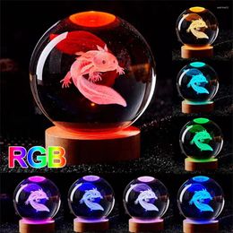 Decorative Figurines 3D Axolotl Laser Engraved Crystal Ball Coloured Night Light Ith Wooden Base Girlfriend Wife Children Birthday Gift Home