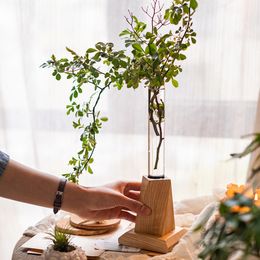Nordic Glass Test Tube Vase Luxury Hydroponic Plants Terrarium Flower Vessel with Wooden Base Home Living Room Desk Decoration