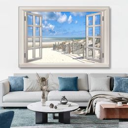 Nordic 3D Window View Beach Wall Painting Modern Seaside Landscape Canvas Poster for Living Room Home Decor Cuadros No Frame