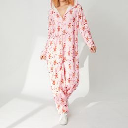 Women Pyjama Floral Print Long Sleeve Hooded Jumpsuit Winter Warm Flannel Nightwear Home Wear Clothes with Zipper S/M/L/XL